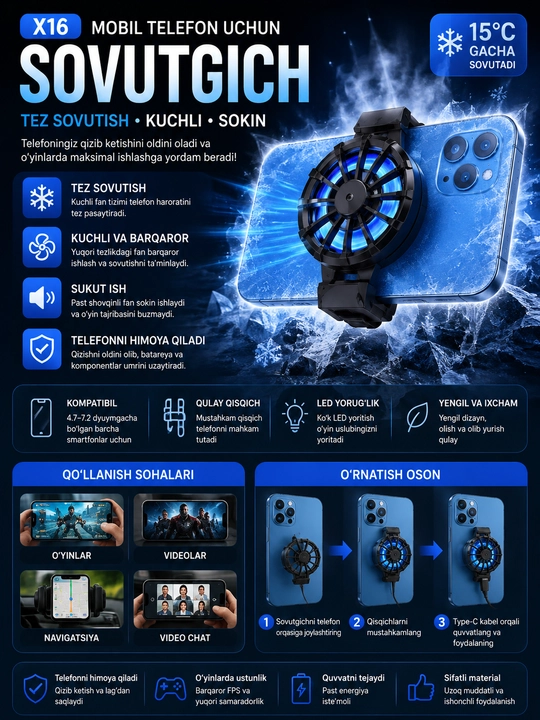 PUBG va Mobile Legends uchun MEMO telefon o‘yin sovutgichi, sovutish ventilyatori -9°C - 