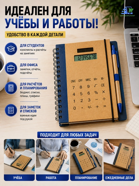 Kalkulyatorli va ruchkali 2 tasi 1 da bloknot, spiralli, 20,5×16 sm