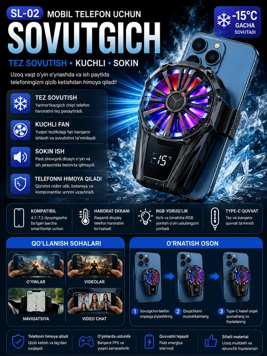PUBG va Mobile Legends uchun MEMO telefon o‘yin sovutgichi, sovutish ventilyatori -9°C - 