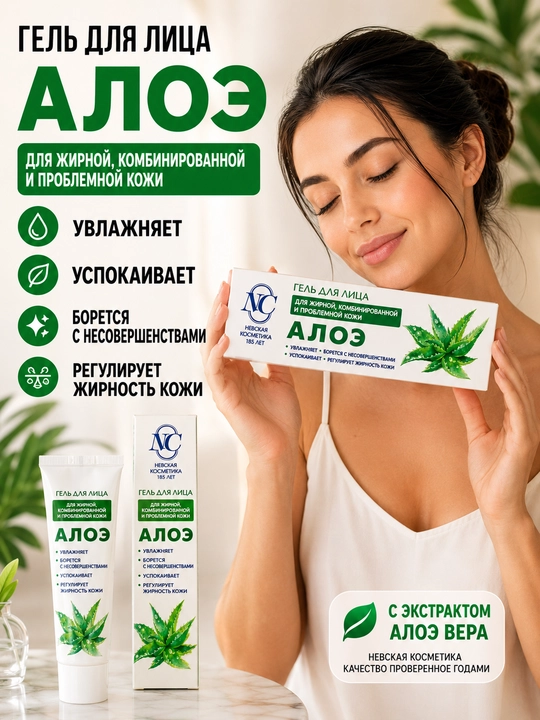 Yog'li va muammoli yuz terisini davolash uchun Neva kosmetikasi aloe geli, 40 ml - 