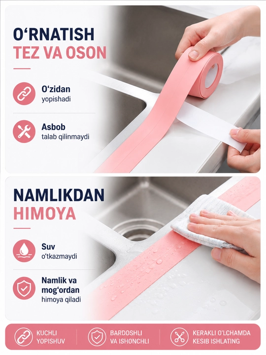 PVX germetik lenta, o‘zidan yopishadigan, vanna, oshxona, rakovina, deraza uchun