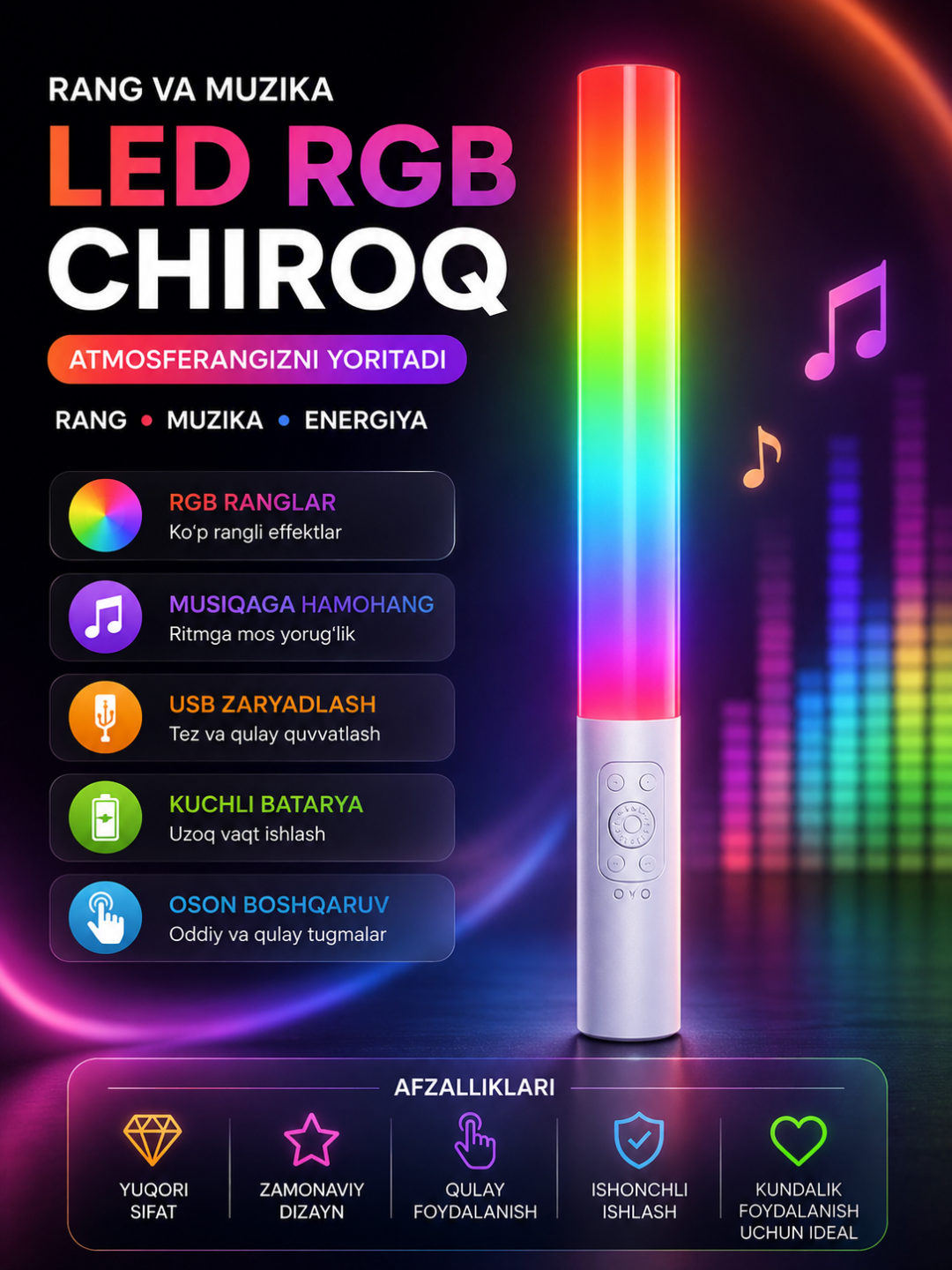 MJ-25 RGB Light Stick – Musiqaga hamohang LED yorug‘lik tayoqchasi, USB zaryadlanadi - 