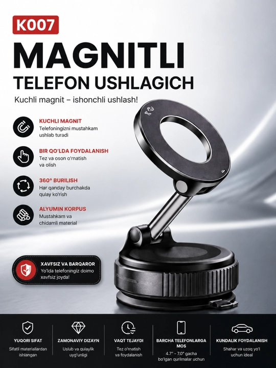 Kuchli magnit bilan 360° ga aylanadigan magnitli avtomobil telefon ushlagichi - 