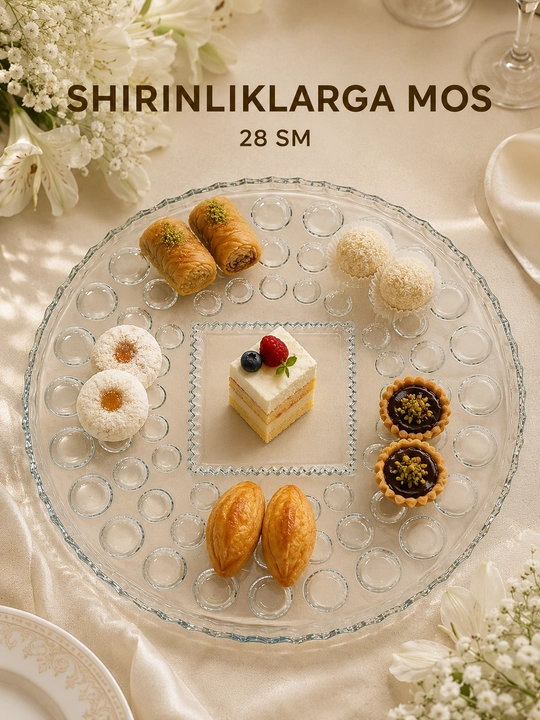 Xrustal pechenitsa, oval shisha lagan, konfet, pechenye, yong‘oq va shirinliklar uchun uy