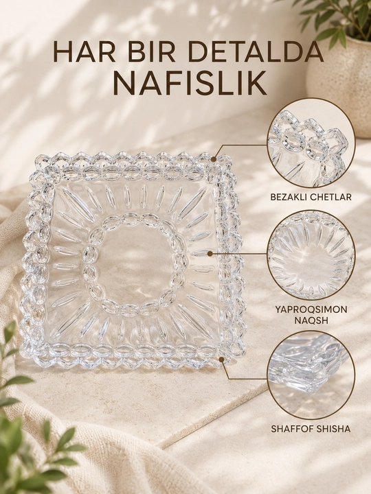 Xrustal pechenitsa, oval shisha lagan, konfet, pechenye, yong‘oq va shirinliklar uchun uy