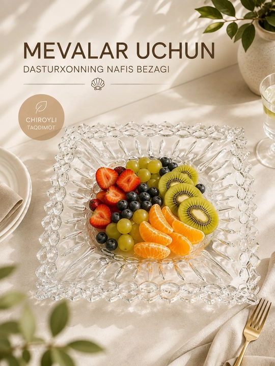 Xrustal pechenitsa, oval shisha lagan, konfet, pechenye, yong‘oq va shirinliklar uchun uy