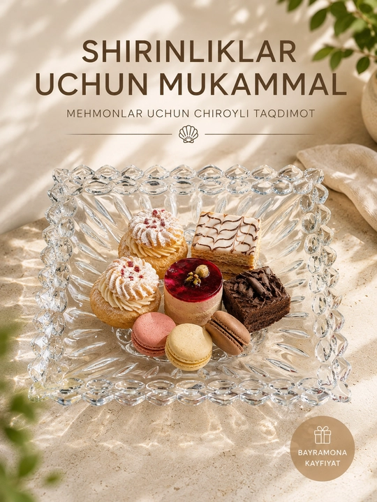 Xrustal pechenitsa, oval shisha lagan, konfet, pechenye, yong‘oq va shirinliklar uchun uy