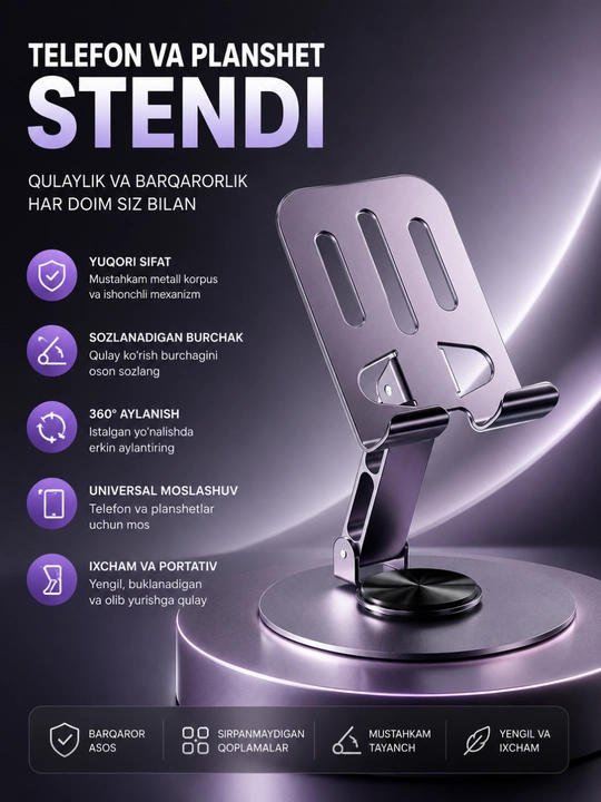Premium telefon va planshet uchun universal yig‘iladigan metall taglik - 