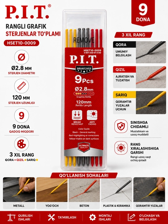 P.I.T. HSET10-0009 9 dona rangli grafik sterjen, Ø2.8 mm, 120 mm - 