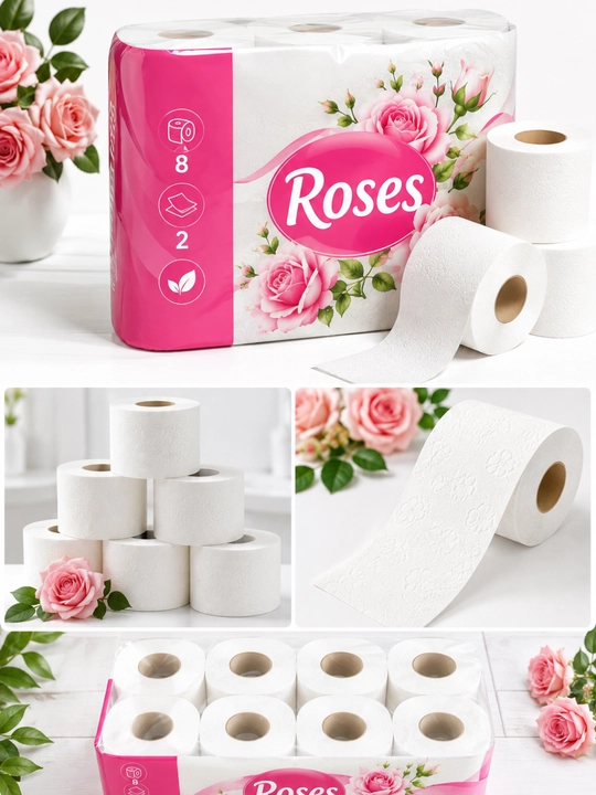 Туалетная бумага Roses, 8 рулонов, 2 слоя, 100% целлюлоза, мягкая, гигиеническая, Bio