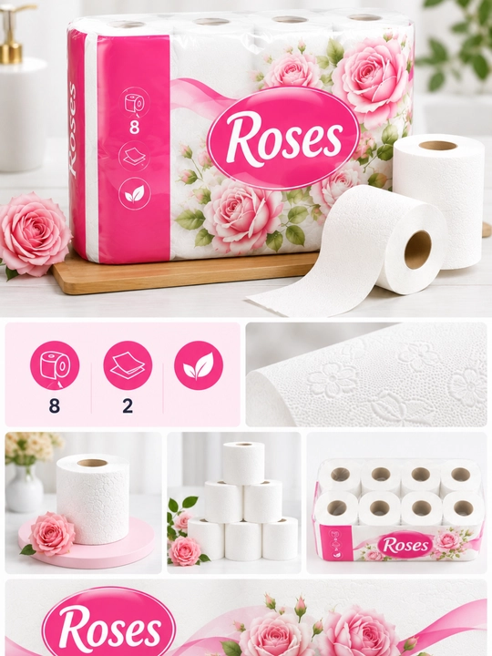 Туалетная бумага Roses, 8 рулонов, 2 слоя, 100% целлюлоза, мягкая, гигиеническая, Bio