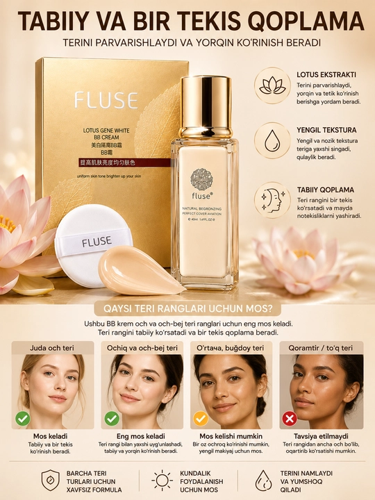 FLUSE BB Cream — BB-крем для лица, с экстрактом лотоса, тональный крем для лица