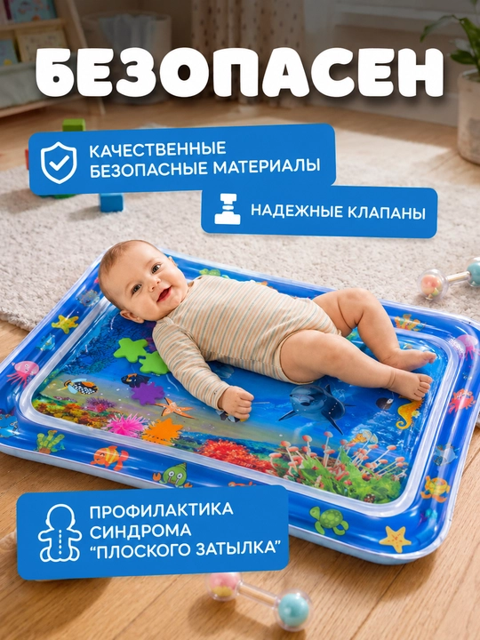 Аква-коврик детский, развивающий, водный коврик, надувной игровой коврик для детей