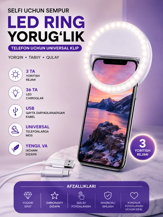 Telefon uchun qisqichli, aylana, yurak va boshqa shakldagi mini selfi chirog‘i - 
