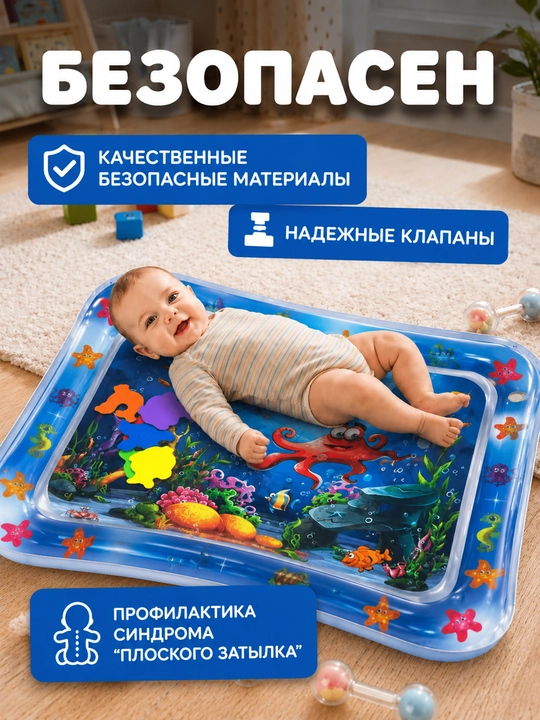 Аква-коврик детский, развивающий, водный коврик, надувной игровой коврик для детей
