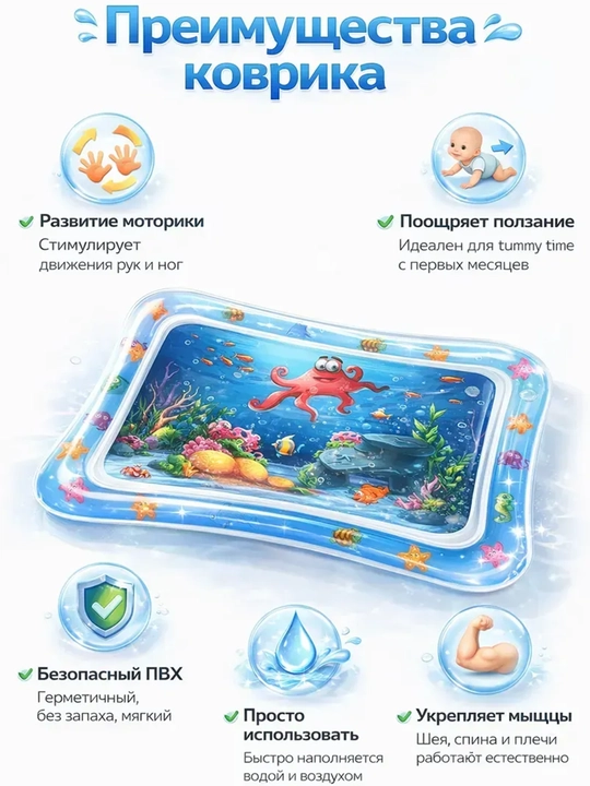 Аква-коврик детский, развивающий, водный коврик, надувной игровой коврик для детей