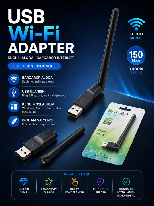 USB Wi-Fi Adapter 150 Mbps 2.4 GHz Simsiz Tarmoq Qabul Qilgich USB 2.0 Plug & Play - 
