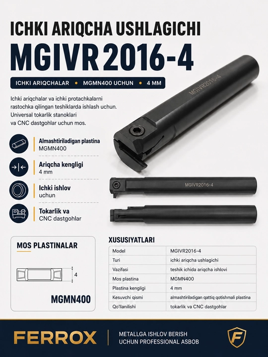 Rezec MGIVR2016-4 ichki ariqcha tokarlik derjavkasi, MGMN400 4 mm plastina uchun - 