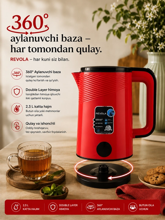 Revola Elektr choynak, 2,5 litrli, choy damlash uchun elektr choynak, 1500 Vt tefal