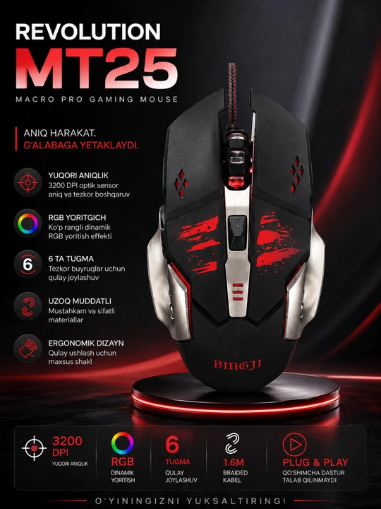 Simsiz gaming sichqoncha rgb sozlanadigan dpi ergonomik kompyuter va noutbuk uchun - 
