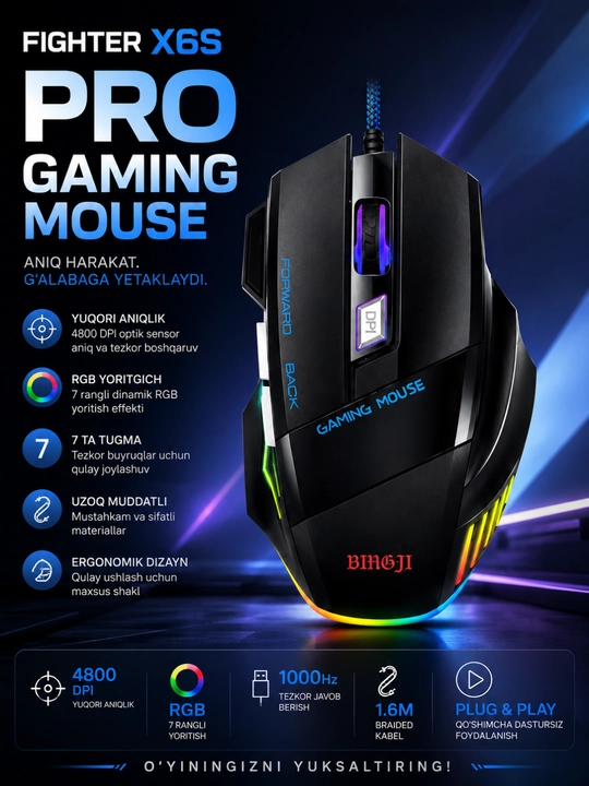 Simsiz gaming sichqoncha rgb sozlanadigan dpi ergonomik kompyuter va noutbuk uchun - 