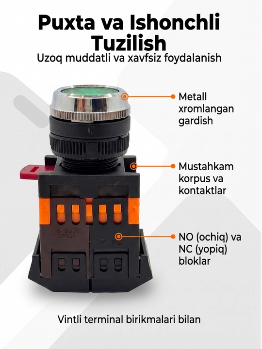 Elektr uskunalar uchun yashil chiroqli boshqaruv tugmasi LA38-11DN, 22 mm