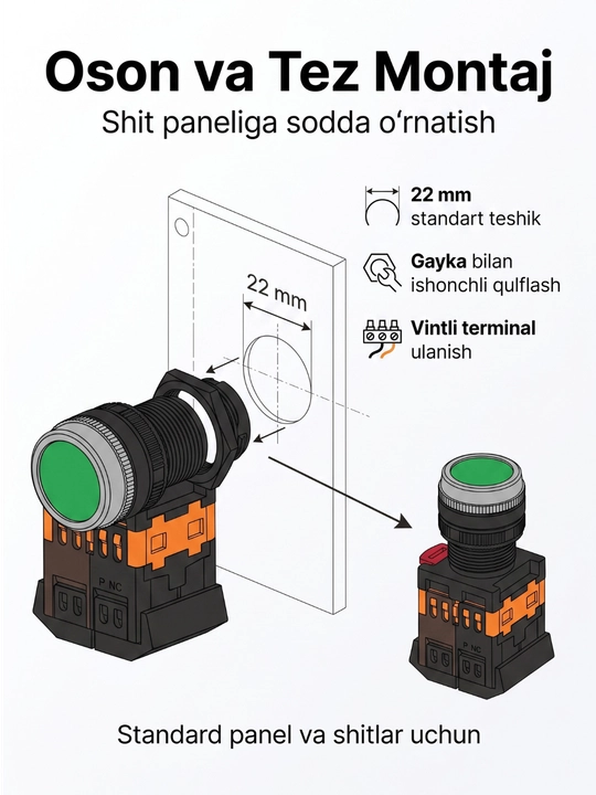 Elektr uskunalar uchun yashil chiroqli boshqaruv tugmasi LA38-11DN, 22 mm