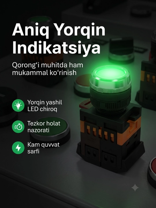 Elektr uskunalar uchun yashil chiroqli boshqaruv tugmasi LA38-11DN, 22 mm