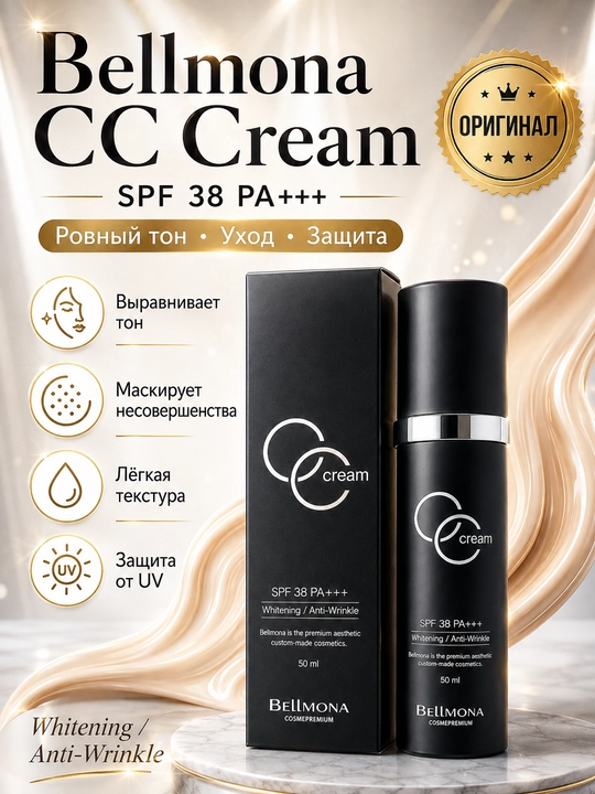 Yuz uchun oqartiruvchi va qarishga qarshi CC krem Bellmona CC Cream, SPF 38, PA+++, 50 ml - 