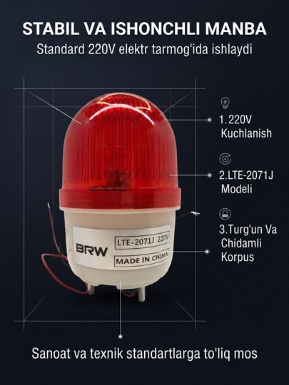 Sanoat ogohlantiruvchi chirog'i (sirenasi bilan) BRW LTE-2071J, 220V, qizil