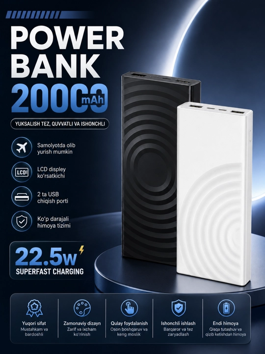 Power Bank 10000/20000/30000mAh 22.5W Tezkor Zaryadlash LED Display USB Portlar - 