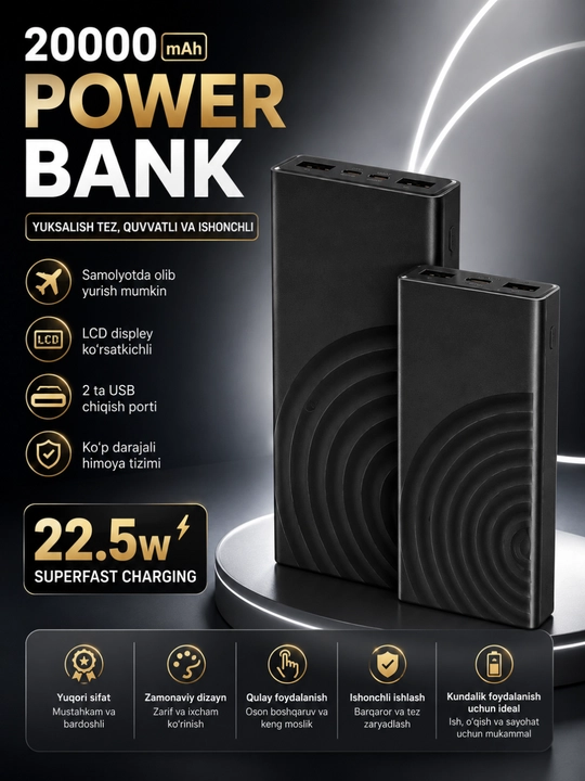 Power Bank 10000/20000/30000mAh 22.5W Tezkor Zaryadlash LED Display USB Portlar - 