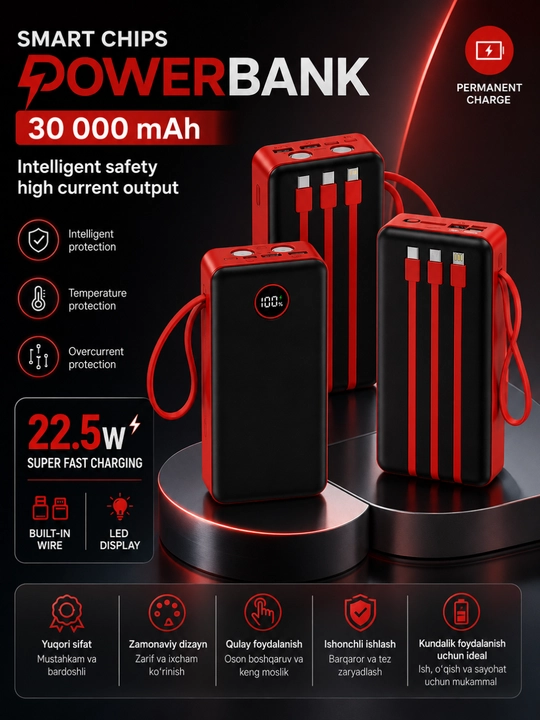 Power Bank 10000/20000/30000mAh 22.5W Tezkor Zaryadlash LED Display USB Portlar - 