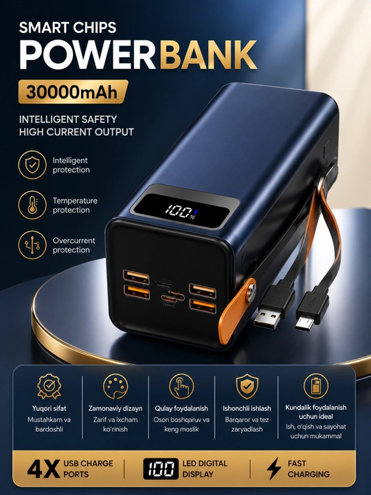 Power Bank 10000/20000/30000mAh 22.5W Tezkor Zaryadlash LED Display USB Portlar - 