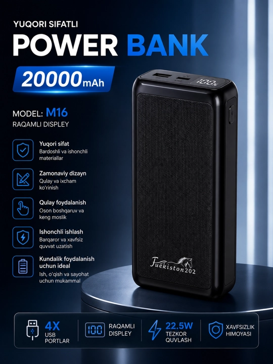 Power Bank 10000/20000/30000mAh 22.5W Tezkor Zaryadlash LED Display USB Portlar - 