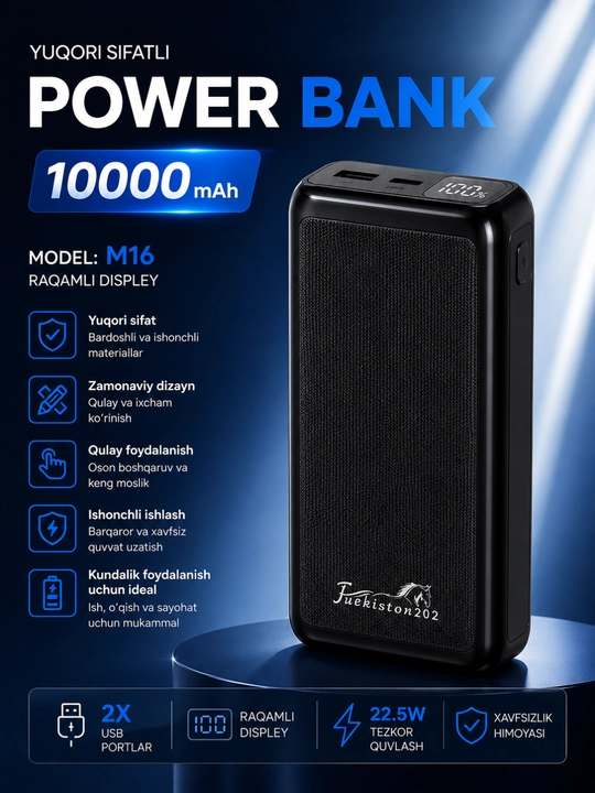 Power Bank 10000/20000/30000mAh 22.5W Tezkor Zaryadlash LED Display USB Portlar - 