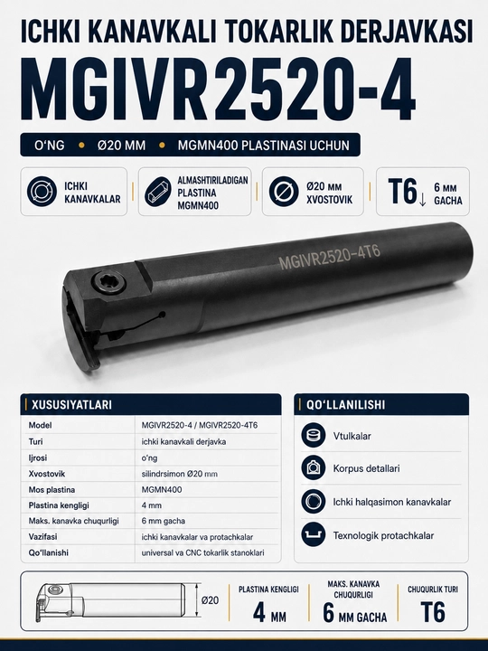 CHPU uchun Rezec MGIVR2520-4 ichki ariqcha tokarlik derjavkasi, Ø20 mm, MGMN400 4 mm uchun - 