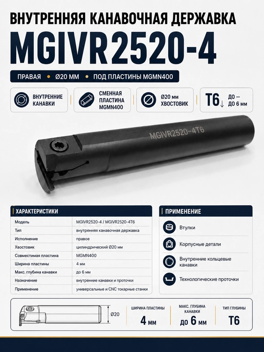 Резец ЧПУ Державка токарная внутренняя MGIVR2520-4, Ø20 мм, под MGMN400, канавка 4 мм