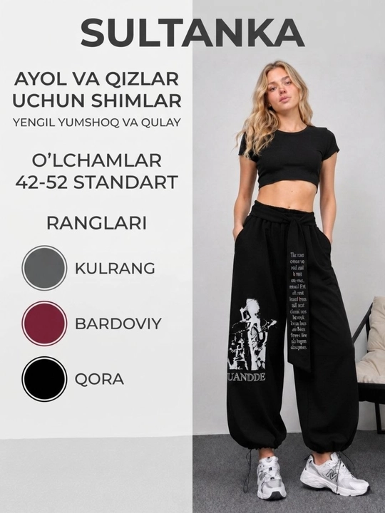 Sultonlar ayollar shimi, katta o‘lchamda, keng shim, paxtali, sport shimi, 42-52