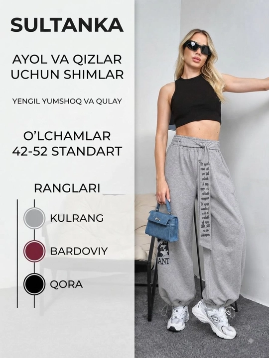 Sultonlar ayollar shimi, katta o‘lchamda, keng shim, paxtali, sport shimi, 42-52