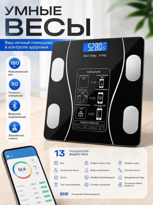 Электронные весы с дисплеем, максимальная нагрузка до 180 кг, современный стильный дизайн - 