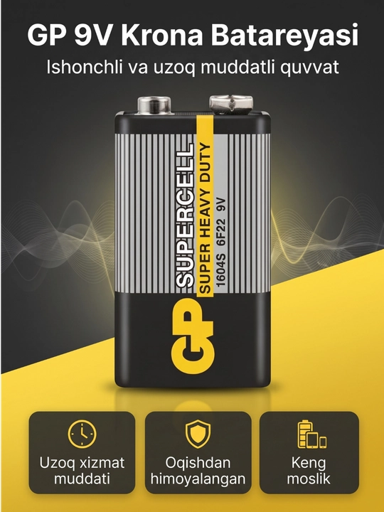 GP Super Alkaline 9V "Krona" ishqoriy batareyasi, 6LF22, blisterda 1 dona - 