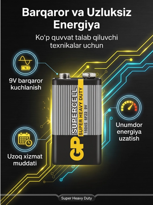 GP Super Alkaline 9V "Krona" ishqoriy batareyasi, 6LF22, blisterda 1 dona