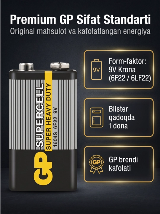 GP Super Alkaline 9V "Krona" ishqoriy batareyasi, 6LF22, blisterda 1 dona