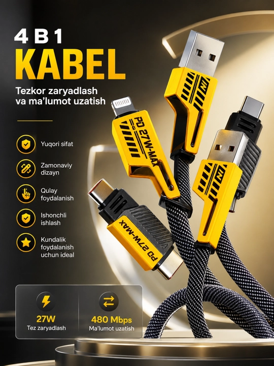 4-in-1 Universal zaryadlash kabeli, USB,USB-CvaLightning, tezkor quvvatlash va ma'lumot uzatish - 