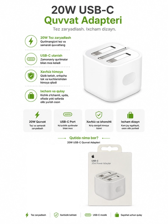 20W USB-C Quvvat Adapteri, iPhone va Telefonlar uchun Tez Zaryadlovchi 3 Pin - 