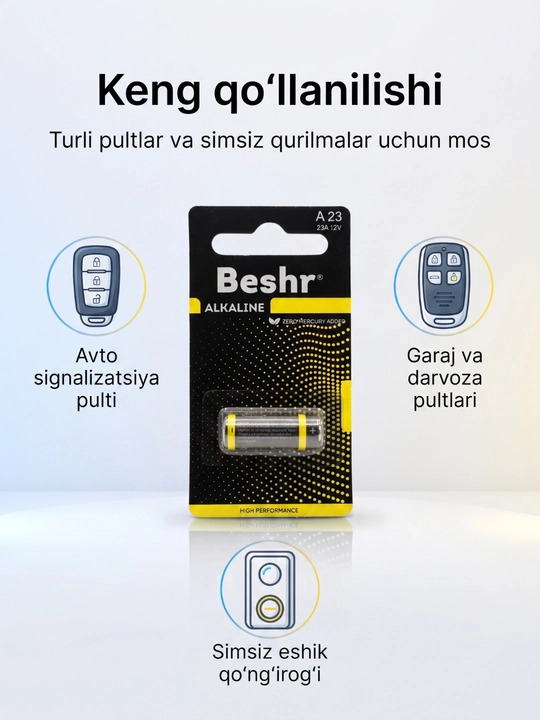 Beshr ishqoriy Alkaline 23A 12V batareykasi, pultlar uchun qadoqda 1 dona - 