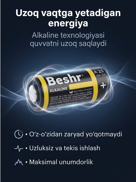 Beshr ishqoriy Alkaline 23A 12V batareykasi, pultlar uchun qadoqda 1 dona