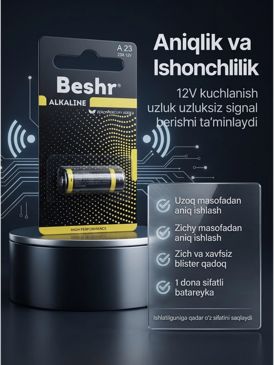 Beshr ishqoriy Alkaline 23A 12V batareykasi, pultlar uchun qadoqda 1 dona