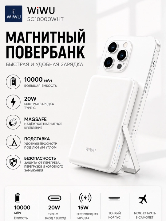 WiWU SC10000WHT 10000 mAh magnitli Power Bank, simsiz zaryadlash, 22.5W, USB-A Type-C - 